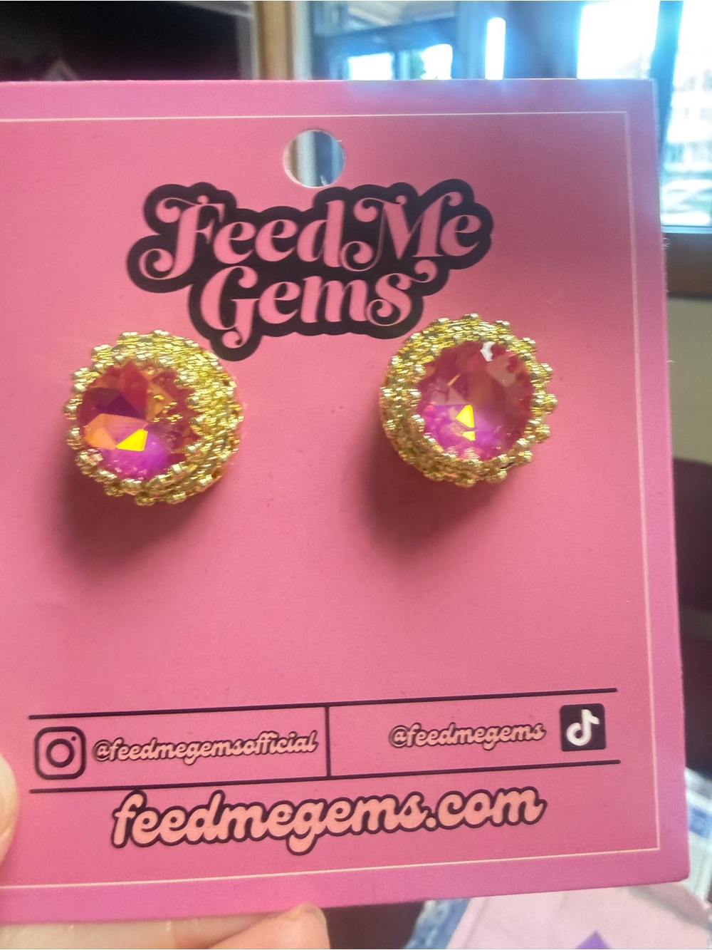 Feed Me Gems Pink Crystal Gold-Trim Stud Earrings Brand New